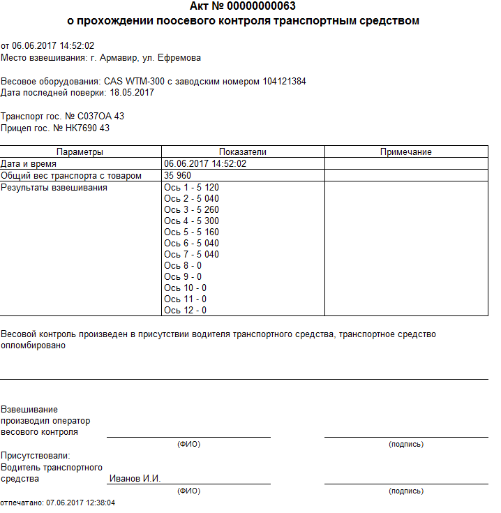 Акт о взвешивании груза образец